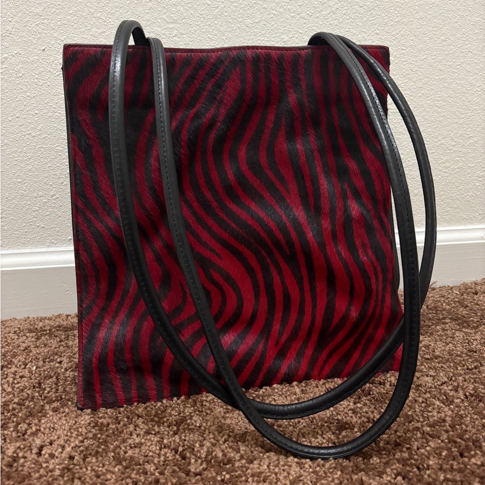 Red & Black (real LEATHER/FUR) Mini Tote Bag